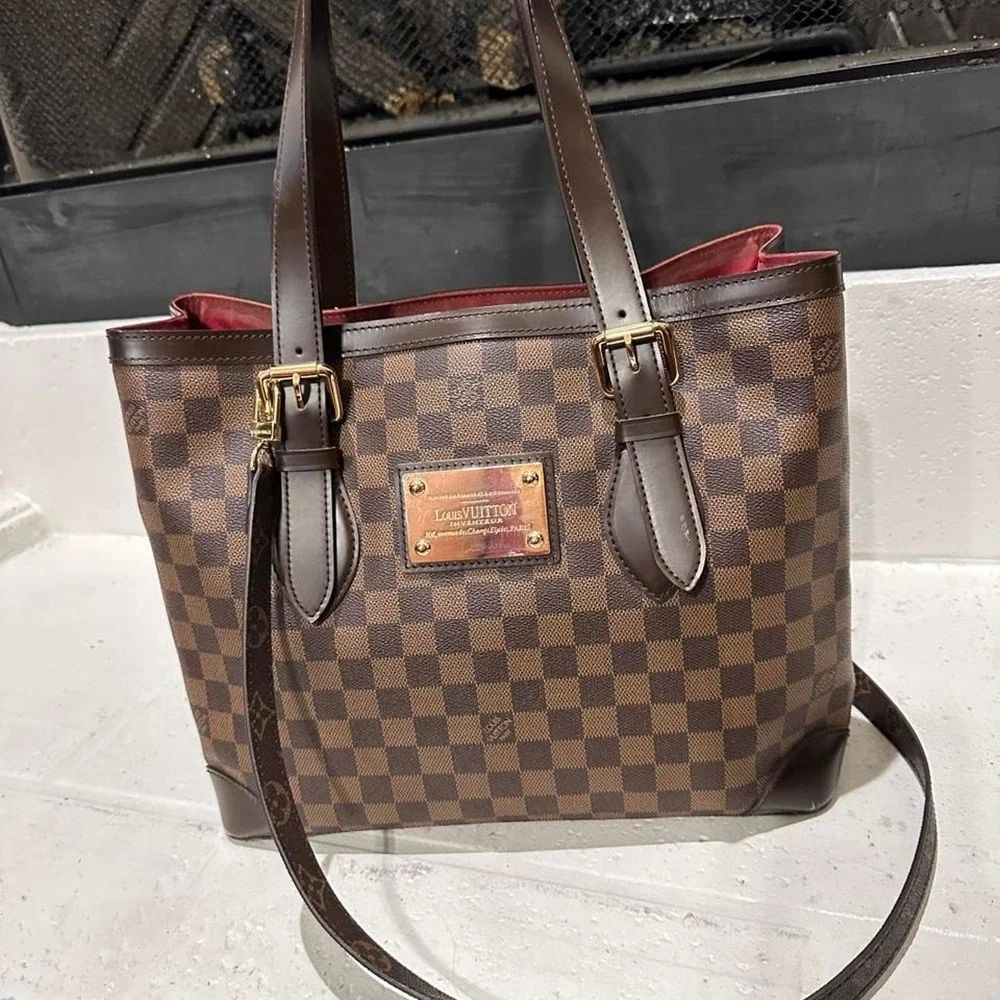 Louis Vuitton Damier Ebene Hampstead Tote Brown Checkered Canvas Gold Plaque Bag